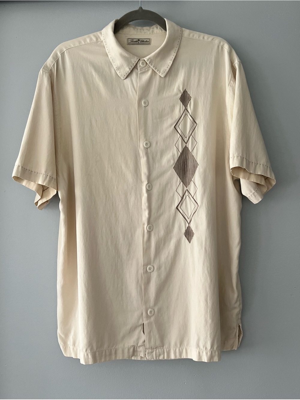 Paradise Collection Men’s L SS Shirt Ivory Embroidery Details Silk Blend Summer